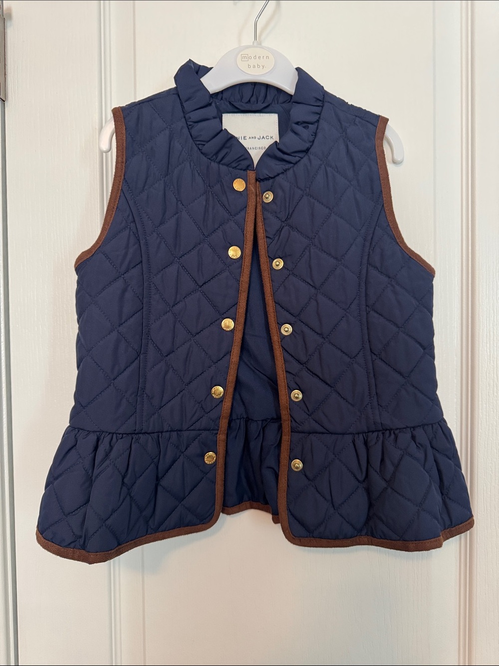 Janie & Jack Girls Size 5-6 Navy Quilted Vest w/ Brown Accents & Gold Buttons